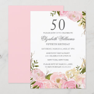 Pink Blush Watercolor Floral 50th Birthday Invite
