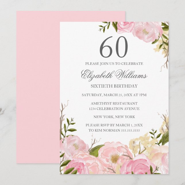 Pink Blush Watercolor Floral 60th Birthday Invite (Front/Back)
