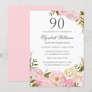 Pink Blush Watercolor Floral 90th Birthday Invite