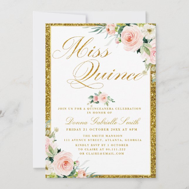 pink blush watercolor floral Quinceanera Invitation (Front)
