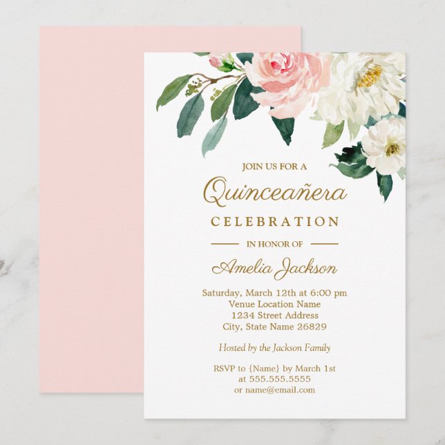 Pink Blush Watercolor Floral Quinceanera Invitation (Front/Back)