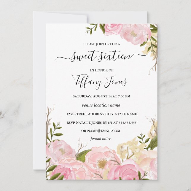 Pink Blush Watercolor Floral Sweet Sixteen Invite (Front)