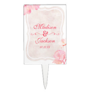 Pink & Blush Watercolor Floral Wedding Monogram Cake Pick