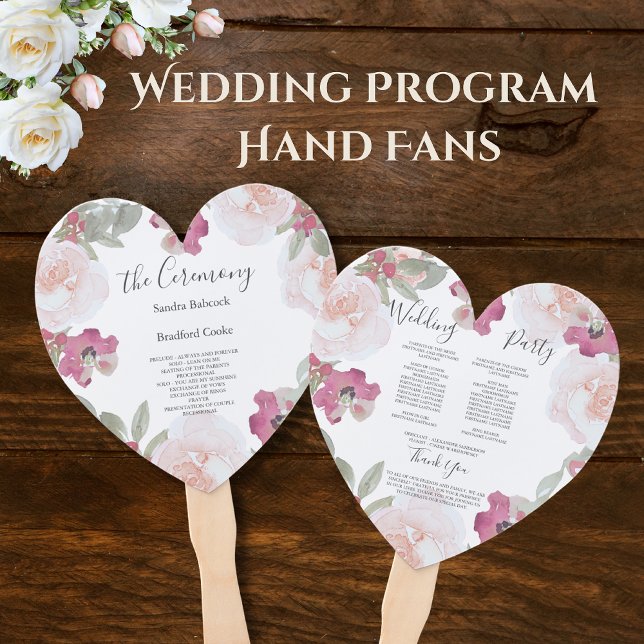 Pink Blush Watercolor Floral Wedding Program   Hand Fan (Creator Uploaded)