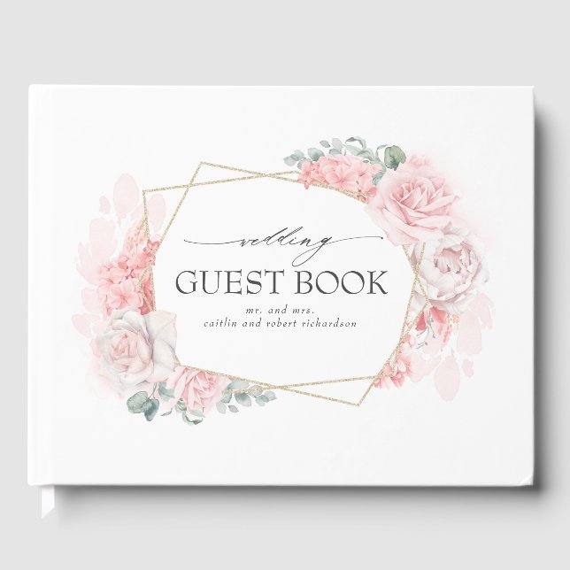Pink Blush Watercolor Flowers Elegant Wedding Guest Book (Front)