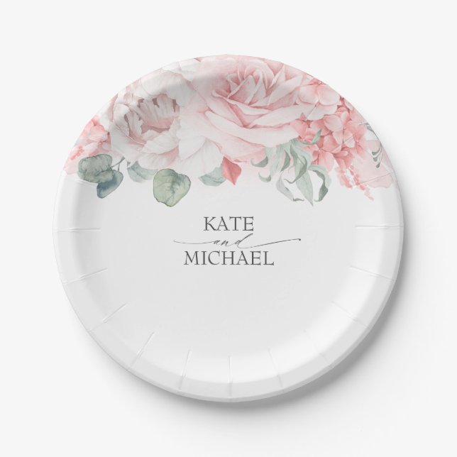 Pink Blush Watercolor Flowers Elegant Wedding Paper Plate (Front)