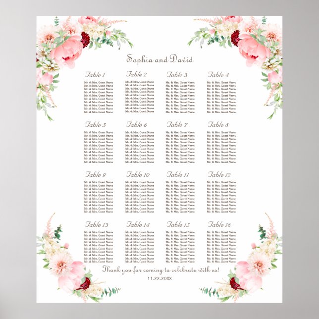 Pink Blush Watercolor Peony Wedding Seating Chart (Front)