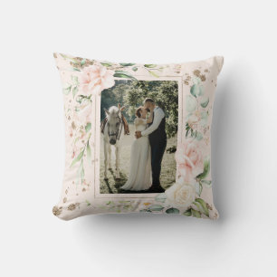 Pink Blush Watercolor Photo Floral Wedding Cushion