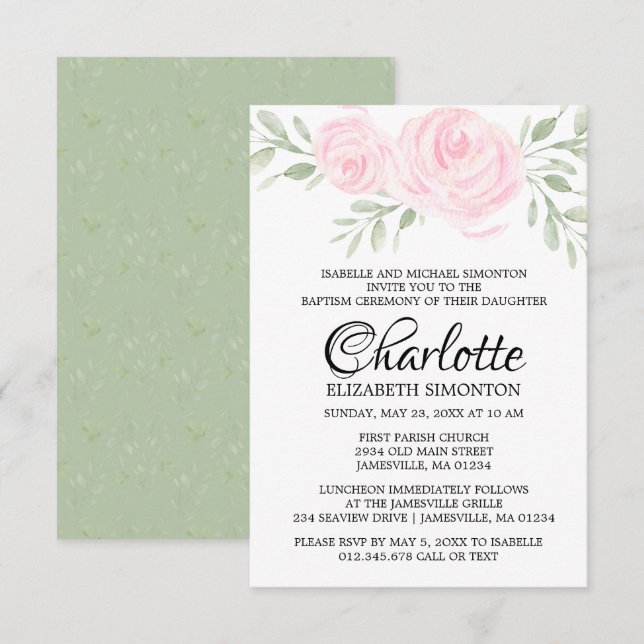 Pink Blush Watercolor Roses Baptism Invitation (Front/Back)