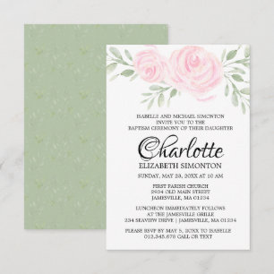 Pink Blush Watercolor Roses Baptism Invitation