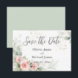 Pink Blush Watercolor Roses Save the Date<br><div class="desc">Elegant pink blush watercolor roses on a pastel pink watercolor background with mixed eucalyptus greens. The back of this card is pastel green to bring out the gorgeous greenery and mixed eucalyptus. Just gorgeous. Fancy script was used to bring out the elegance of this design of this “Save the Date”...</div>