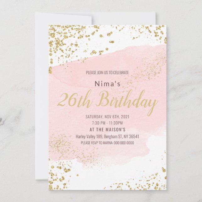 Pink blush watercolor stroke gold glitter invitation (Front)