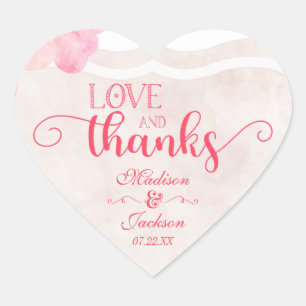 Pink Blush Watercolor Wedding Love & Thanks Favour Heart Sticker