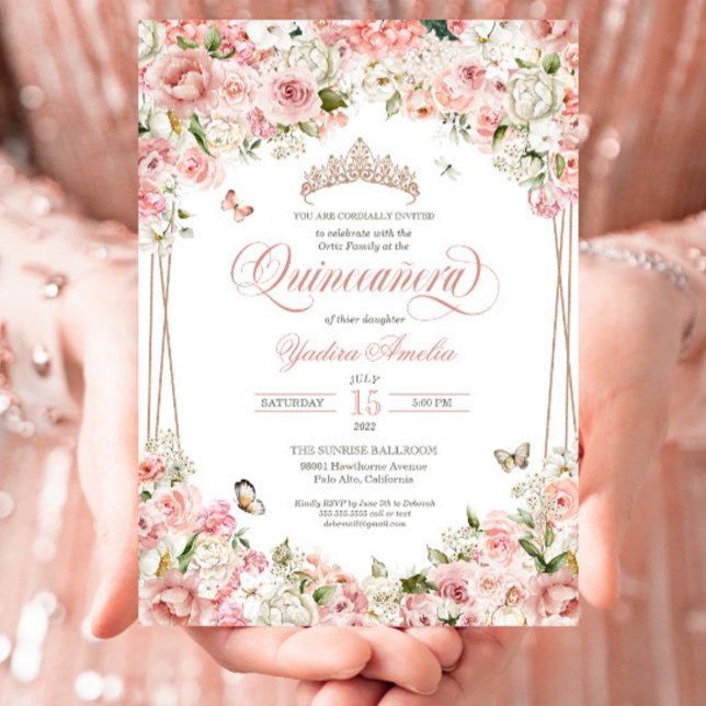 Pink Blush White Floral Butterfly Quinceanera Invitation (Creator Uploaded)