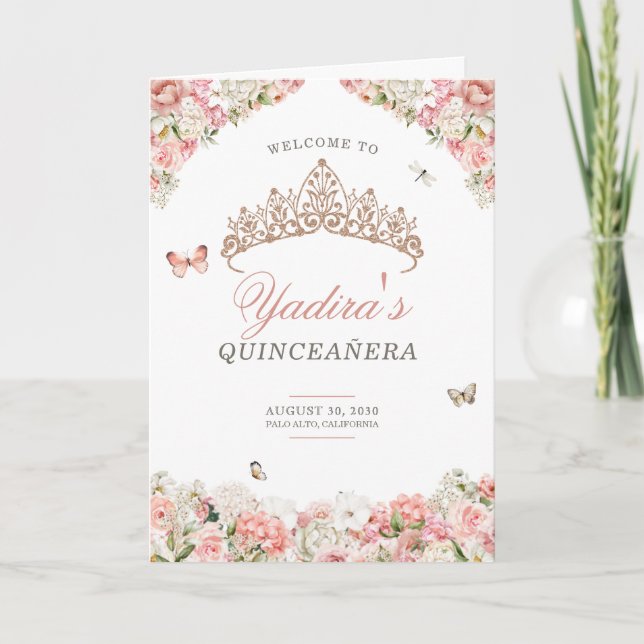 Pink Blush White Floral Butterfly Quinceanera  Programme (Front)