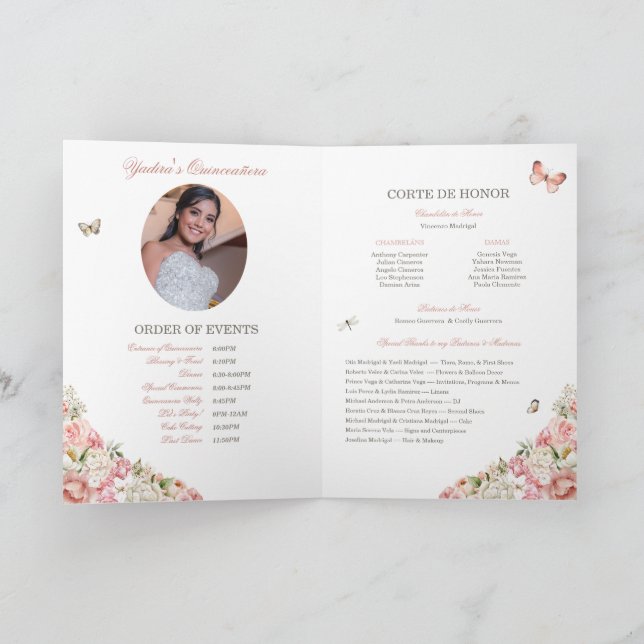 Pink Blush White Floral Butterfly Quinceañera  Programme (Inside)