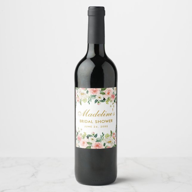 Pink Blush White Floral Gold Bridal Shower Wine Label (Front)