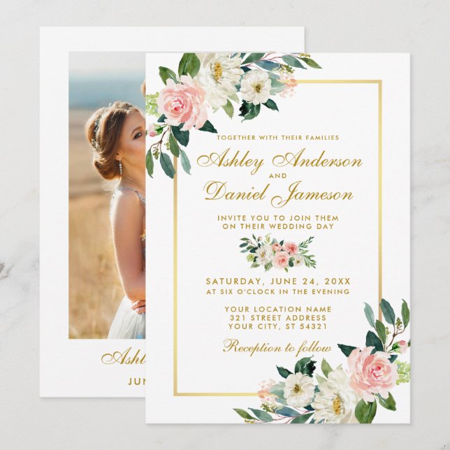Pink Blush White Floral Gold Wedding Photo Back Invitation (Front/Back)