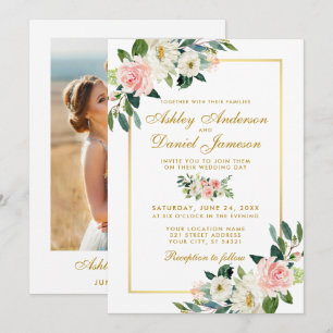 Pink Blush White Floral Gold Wedding Photo Back Invitation