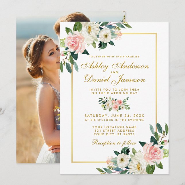 Pink Blush White Floral Gold Wedding Photo Invitation (Front/Back)