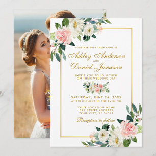 Pink Blush White Floral Gold Wedding Photo Invitation