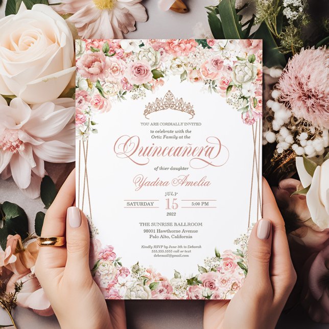 Pink Blush White Flowers Elegant Quinceañera Invitation (Creator Uploaded)