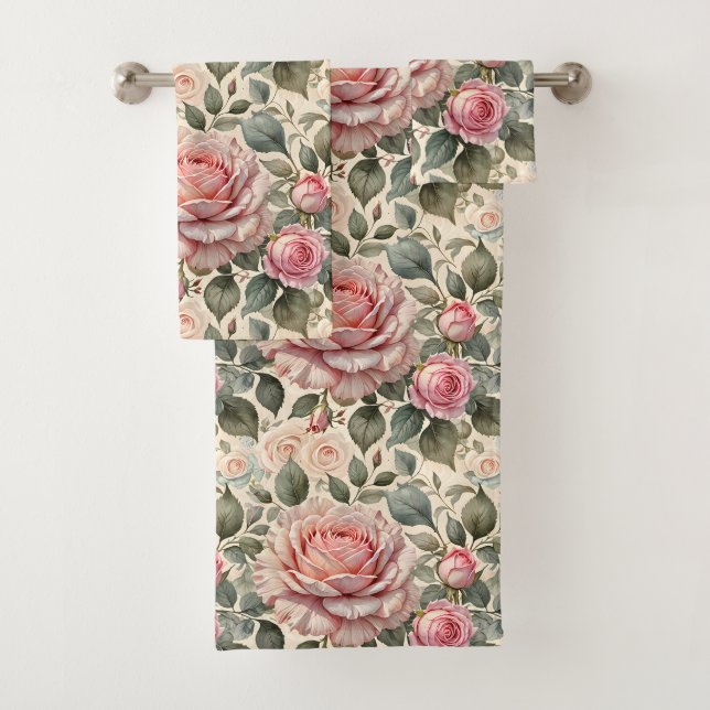 Pink Blush & White Giant Cabbage Roses Bath Towel Set (Insitu)