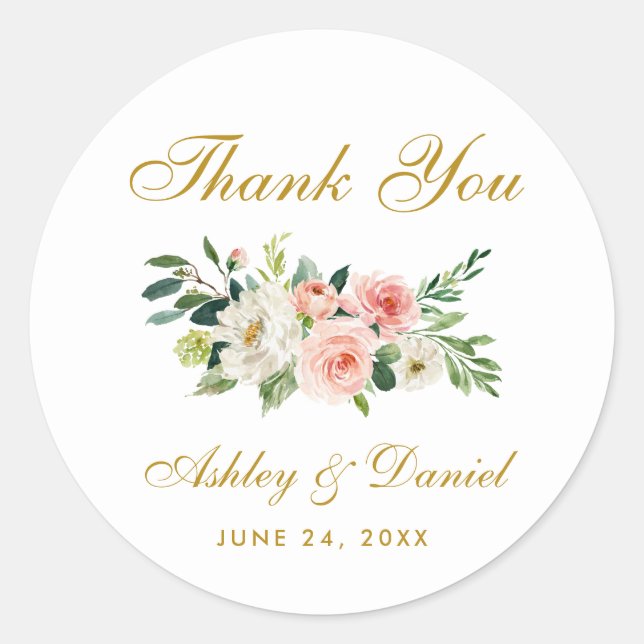 Pink Blush White Gold Floral Wedding Thank You L Classic Round Sticker (Front)