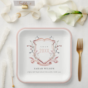 Pink Blush Wildflower Watercolor Crest Graduation Paper Plate
