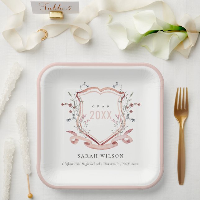 Pink Blush Wildflower Watercolor Crest Graduation Paper Plate (Wedding)