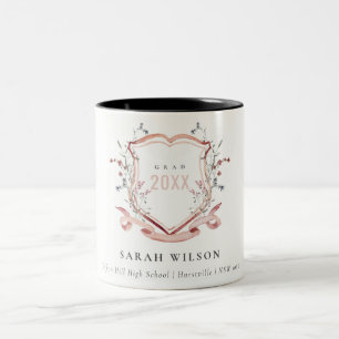 Pink Blush Wildflower Watercolor Crest Graduation Two-Tone Coffee Mug