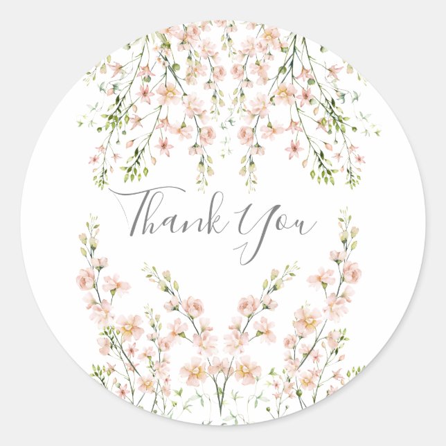 Pink Blush Wildflowers Elegant Floral Thank You Classic Round Sticker (Front)