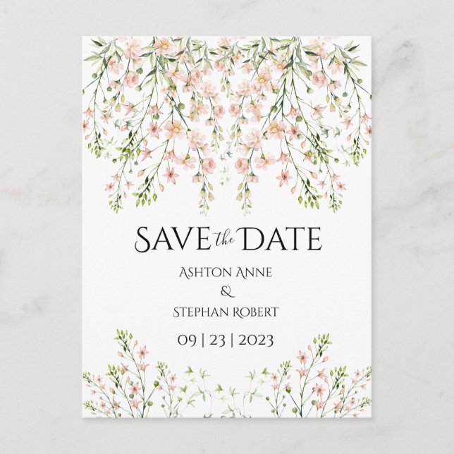 Pink Blush Wildflowers Elegant Floral Wedding Save Announcement Postcard (Front)