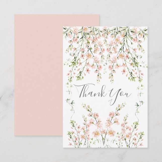 Pink Blush Wildflowers Elegant Floral Wedding Thank You Card (Front/Back)
