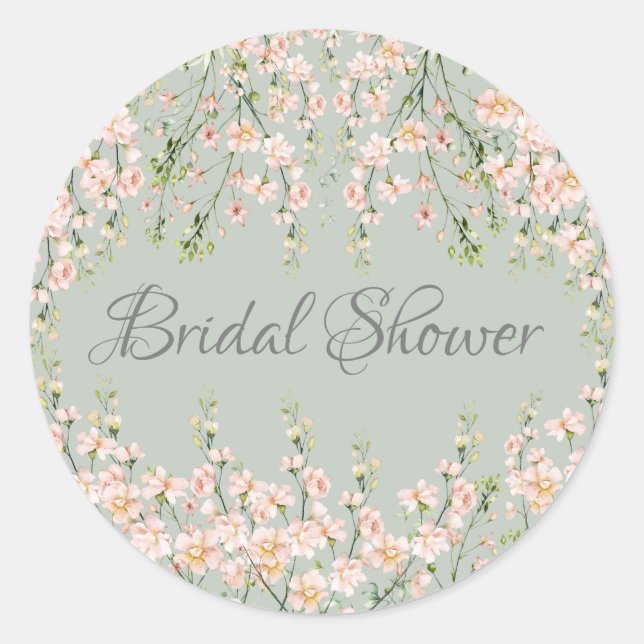 Pink Blush Wildflowers Sage Green Elegant Floral Classic Round Sticker (Front)