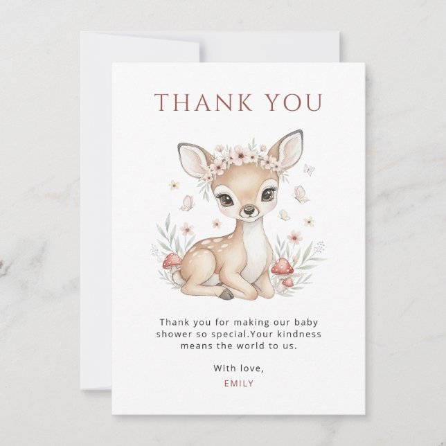 Pink Blush Woodland Deer Girl Baby Shower Thank You Card (Front)