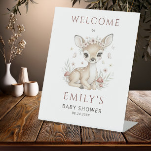 Pink Blush Woodland Deer Girl Welcome Baby Shower Pedestal Sign