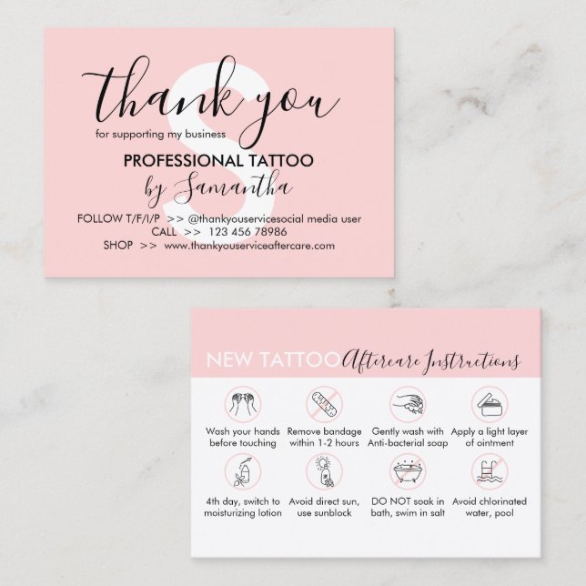 Pink Body Aftercare Instructions Tattoo Thank you Business Card (Front/Back)