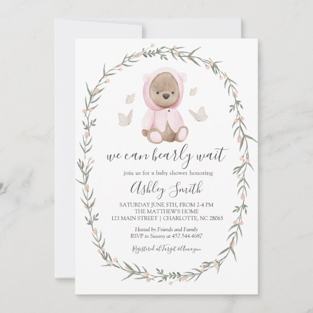 Pink Bohemian Bear Baby Shower Invitation (Front)