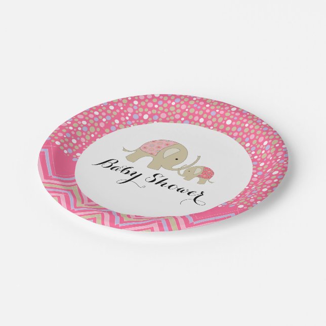Pink Bohemian Elephant and Chevron Baby Shower Paper Plate (Angled)