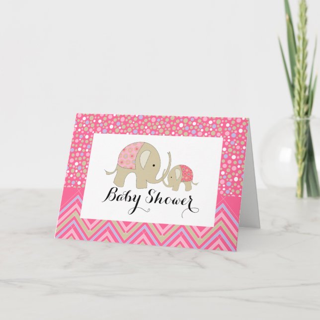 Pink Bohemian Elephant & Chevron Baby Shower Invitation (Front)