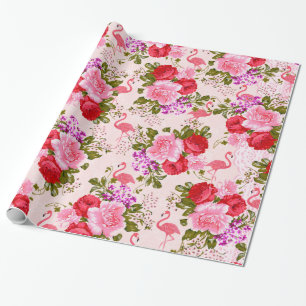 Pink bohemian roses floral tropical flamingo wrapping paper