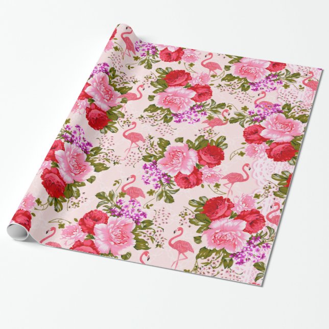 Pink bohemian roses floral tropical flamingo wrapping paper (Unrolled)