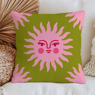 Pink Bohemian Sun Face on Green BOHO Chic Mystical Cushion