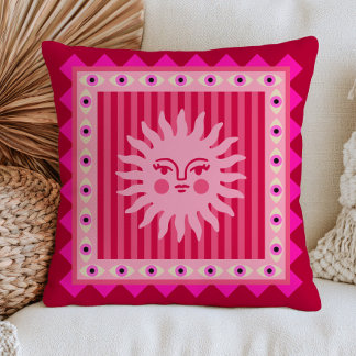 Pink Bohemian Sun Face on Stripes Evil Eyes Funky  Cushion