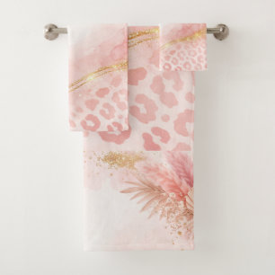 Pink Boho Animal Print, Gold Agate Gold Art Bath Towel Set