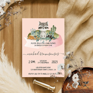 Pink Boho Animal Racoon Tropical Baby Shower Invitation