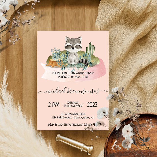 Pink Boho Animal Racoon Tropical Baby Shower Invitation (Creator Uploaded)