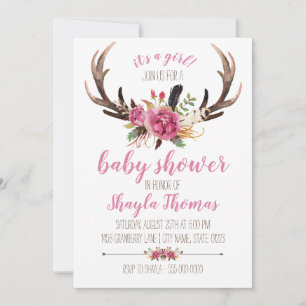 Pink Boho Antler Baby Shower Invitation