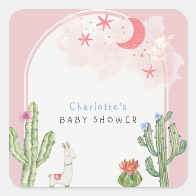 Pink Boho Arch Cactus Toys Girl Baby Shower  Square Sticker (Front)